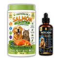 Tarro de Proteína de Salmón con Omega 3 y Superfoods de 700 g para perros y gatos junto al frasco de aceite de pescado de 30 ml de obsequio