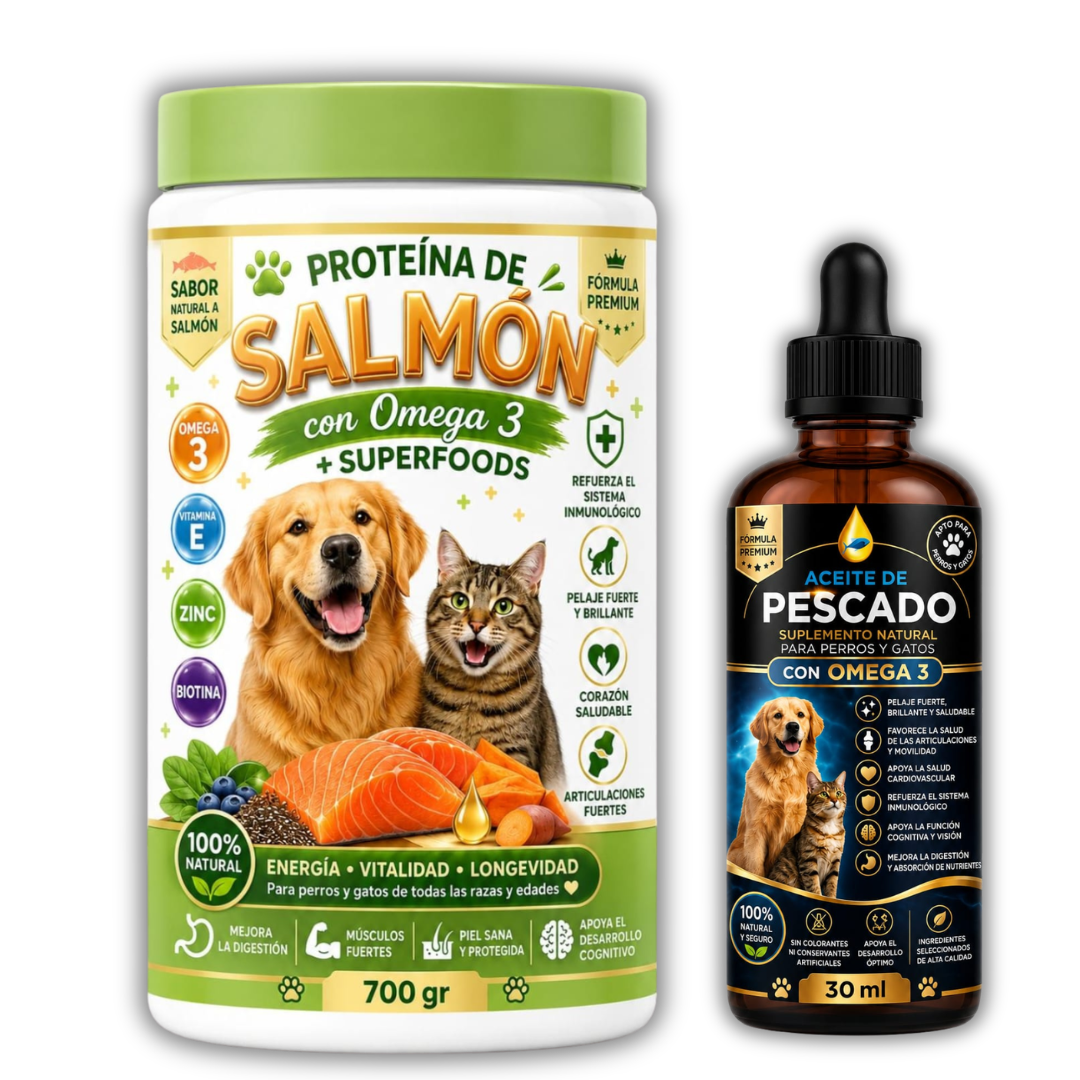Tarro de Proteína de Salmón con Omega 3 y Superfoods de 700 g para perros y gatos junto al frasco de aceite de pescado de 30 ml de obsequio