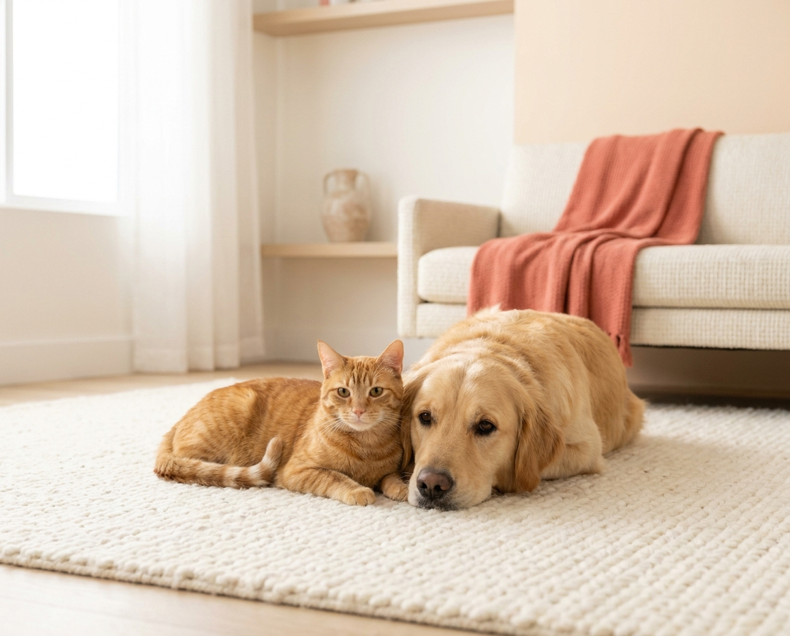 Perro y gato en casa junto a los productos Petunio