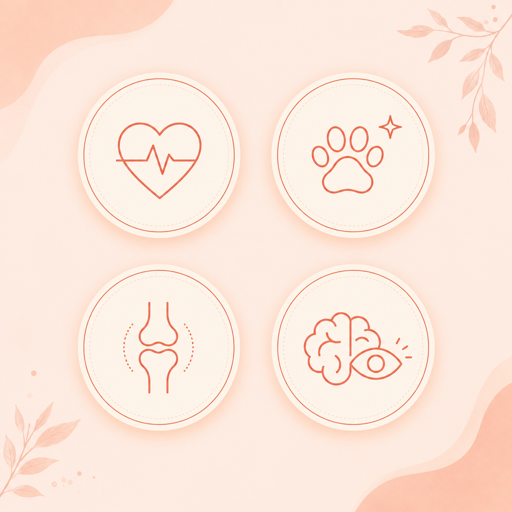 Iconos de los beneficios de Petunio: corazón saludable, pelaje brillante, articulaciones fuertes y desarrollo cognitivo
