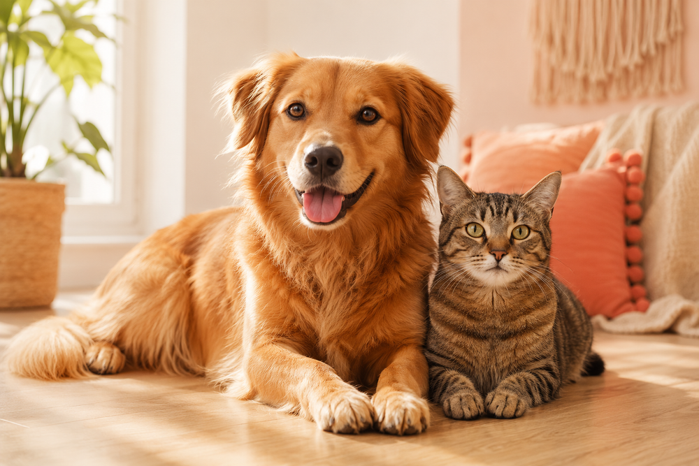 Perro golden retriever y gato atigrado descansando juntos en casa, mascotas alimentadas con Proteína de Salmón Petunio