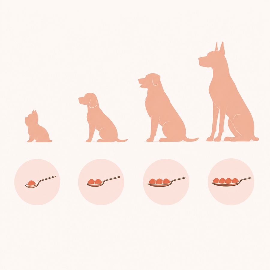 Guía de dosificación de Petunio por tamaño de mascota: gato y perros pequeño, mediano y grande con su cucharada diaria correspondiente