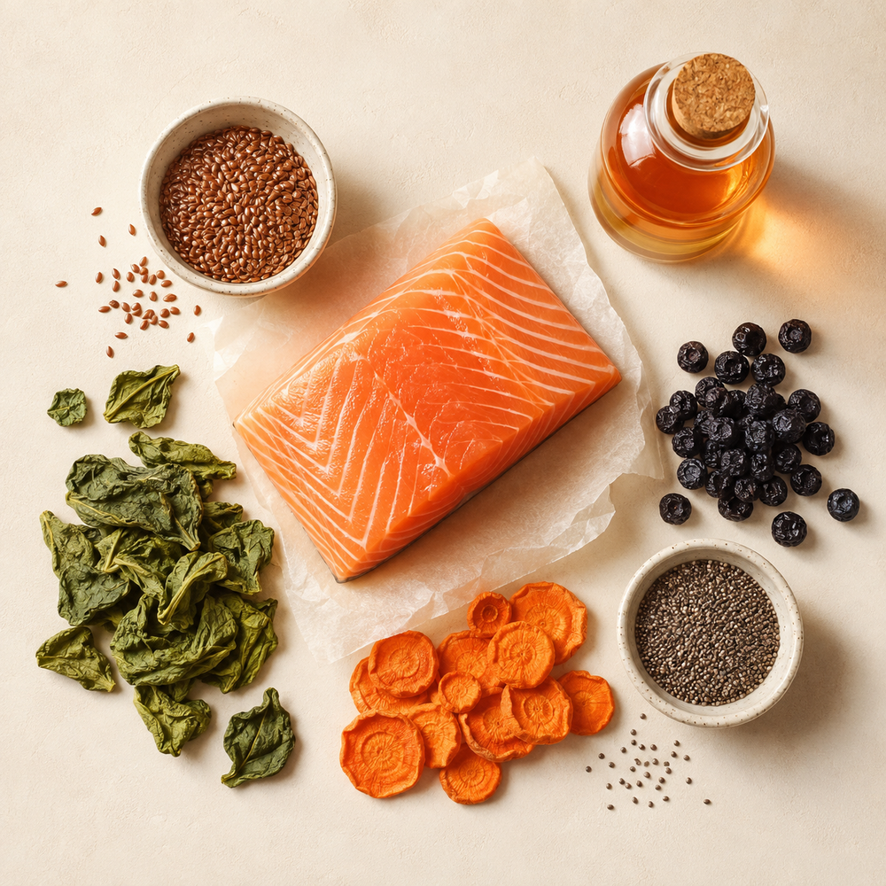 Ingredientes naturales de Petunio: filete de salmón fresco, aceite de pescado, arándanos, zanahoria, semillas de chía y hojas verdes